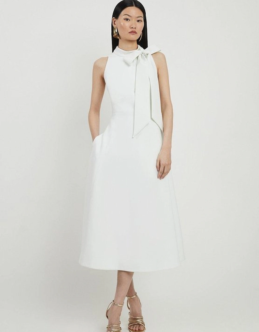 Compact Stretch Bow Tie Neck Full Skirted Midi Dress, 5 of 4