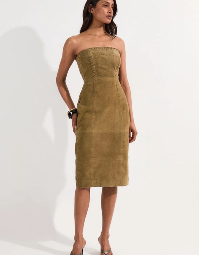Suede Whipstitch Detail Bandeau Midi Dress