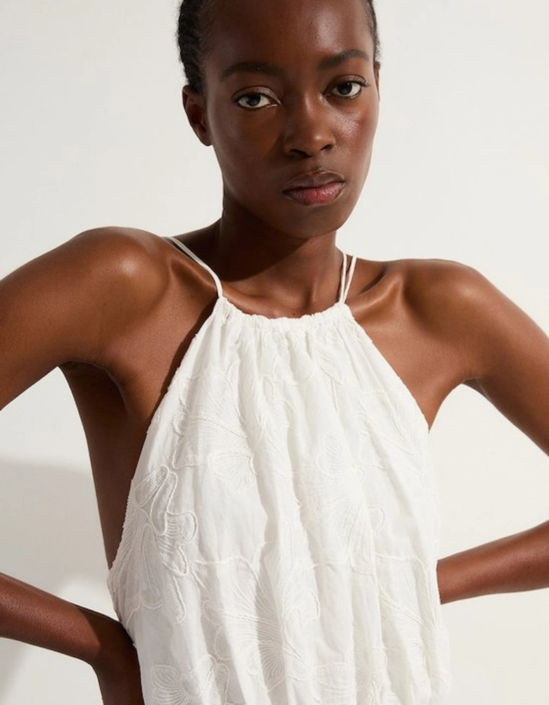 Cotton Broderie Strappy Halter Neck Woven Maxi Dress