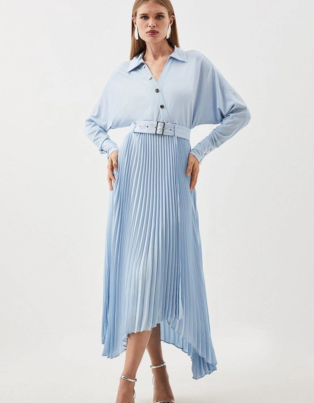Jersey And Georgette Mix Belted Pleat Midi Dress, 4 of 3