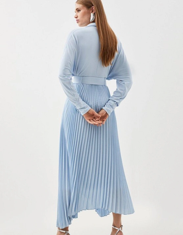 Jersey And Georgette Mix Belted Pleat Midi Dress