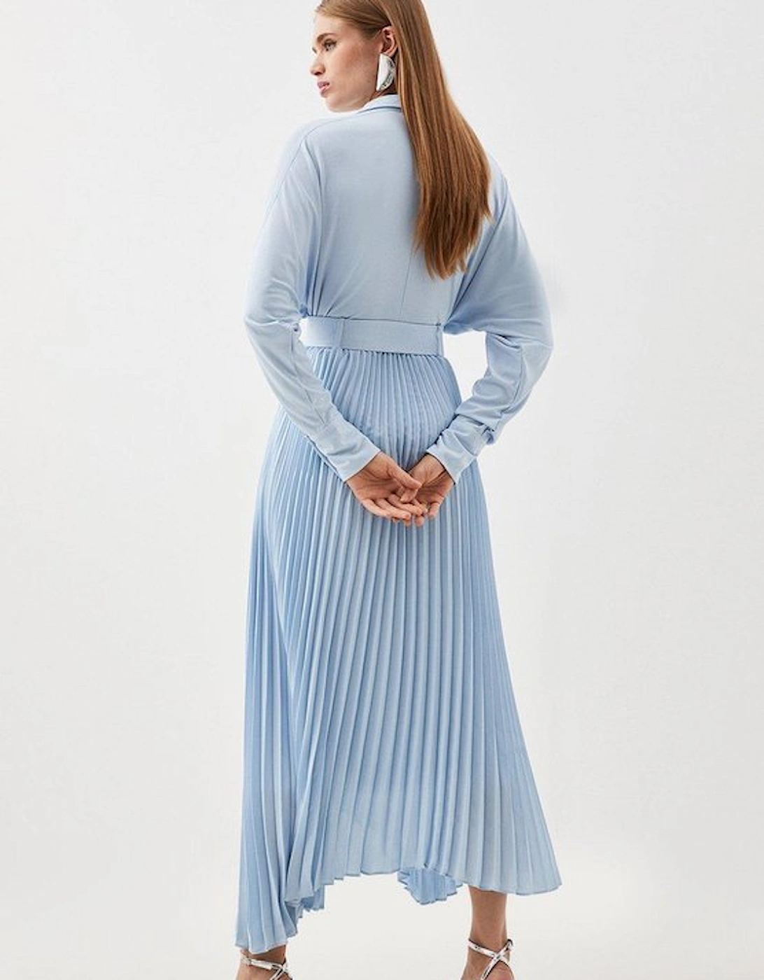 Jersey And Georgette Mix Belted Pleat Midi Dress