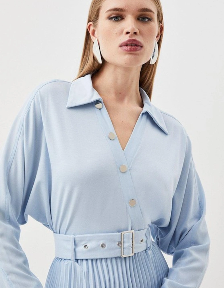 Jersey And Georgette Mix Belted Pleat Midi Dress