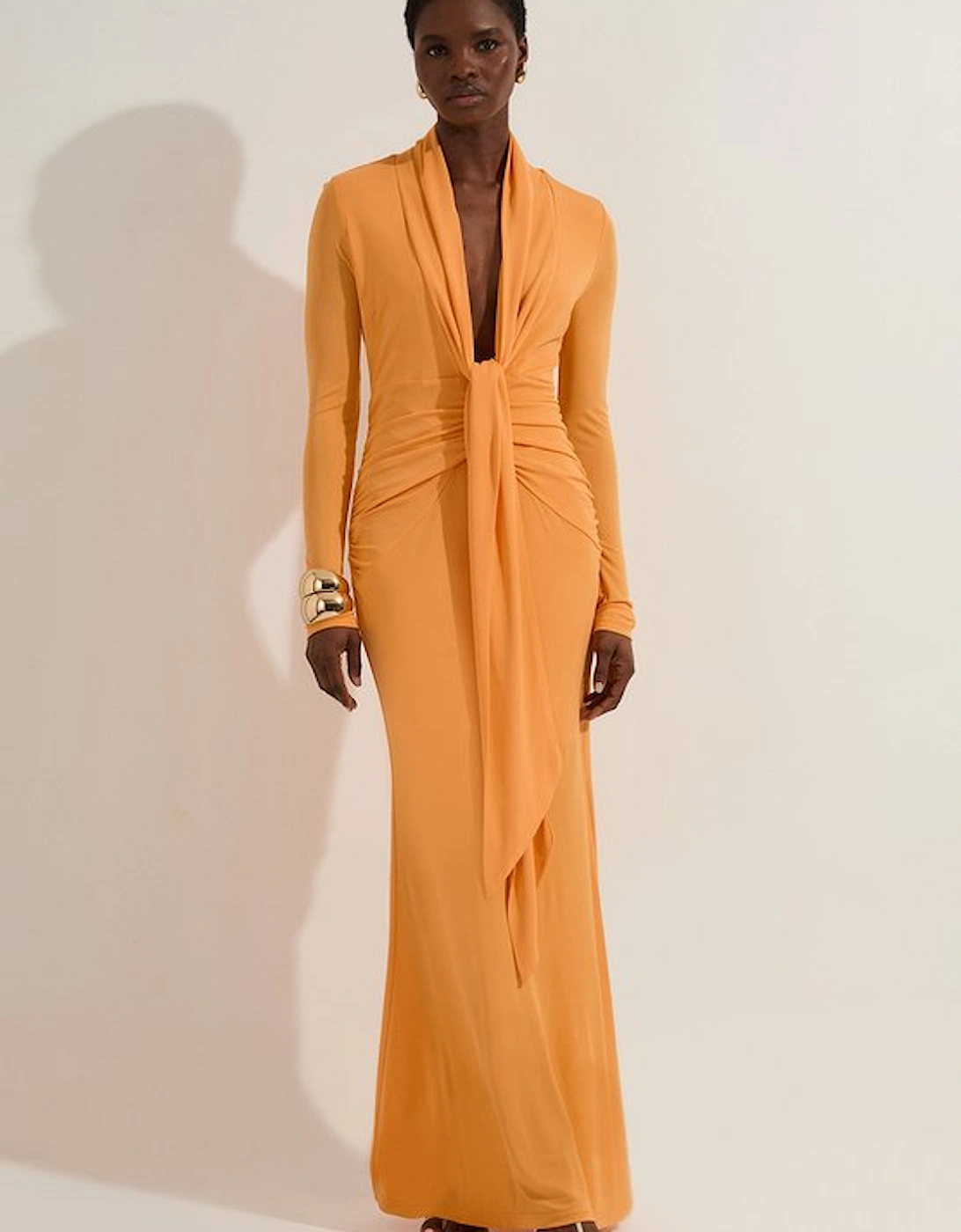 Premium Stretch Crepe Jersey Plunge Neck  Maxi Dress