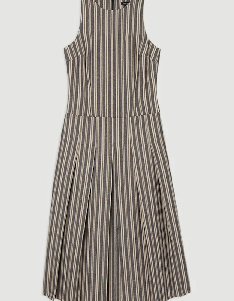 Tailored Stripe Linen  Sleeveless Full Skirt Midi Dress