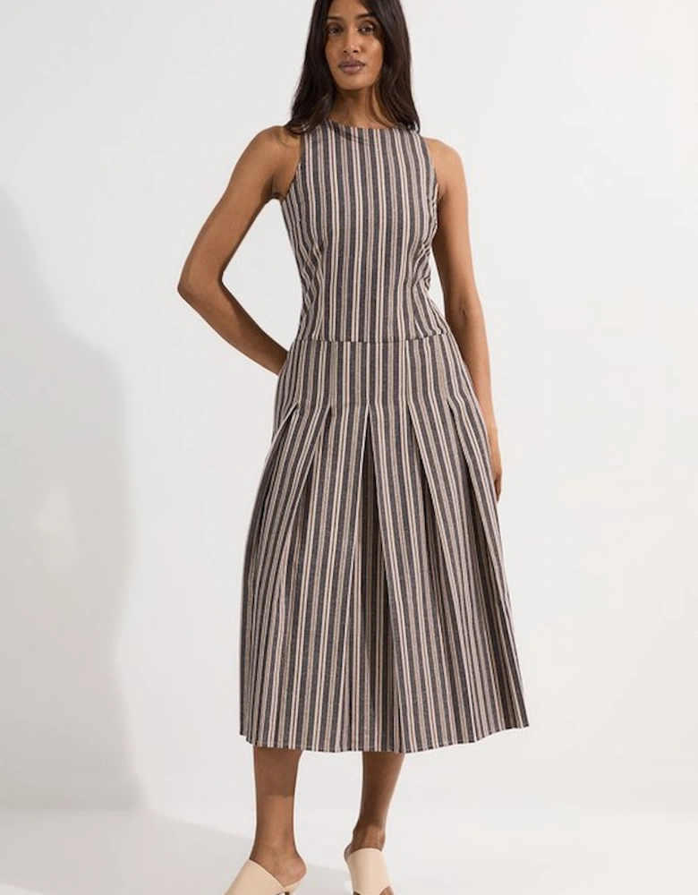 Tailored Stripe Linen  Sleeveless Full Skirt Midi Dress