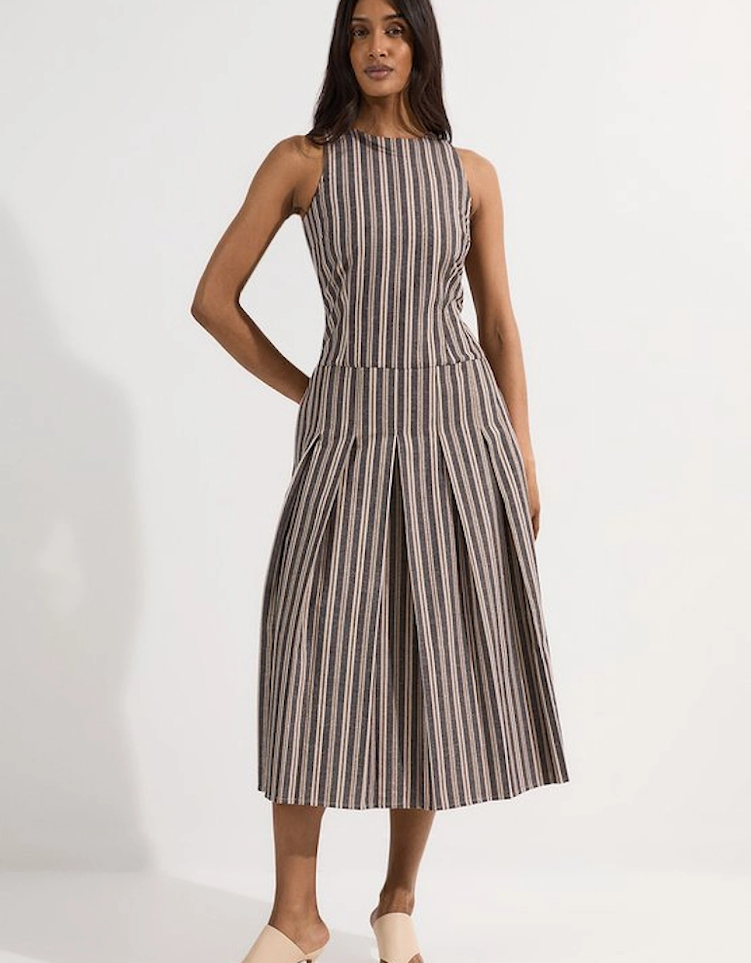 Tailored Stripe Linen  Sleeveless Full Skirt Midi Dress, 5 of 4