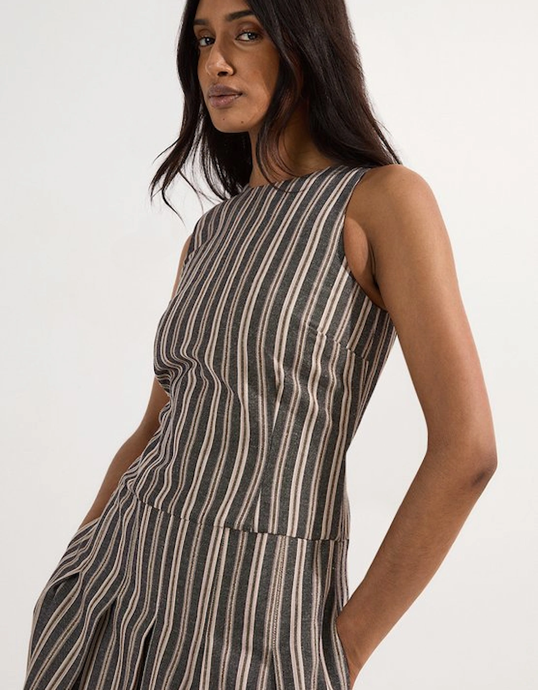 Tailored Stripe Linen  Sleeveless Full Skirt Midi Dress