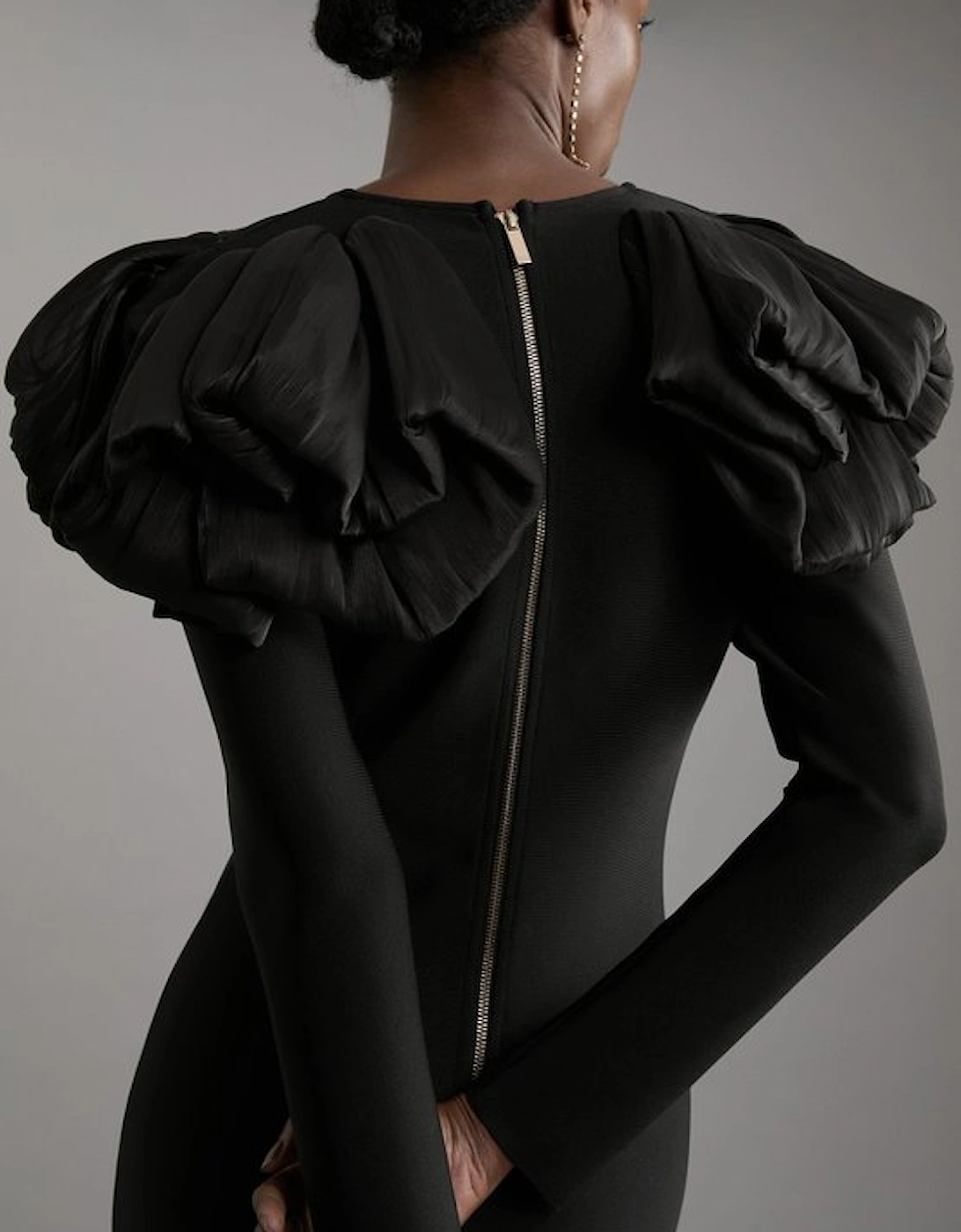 Figure Form Bandage Knit Silk Ruffle Shoulder Detail Maxi Dress