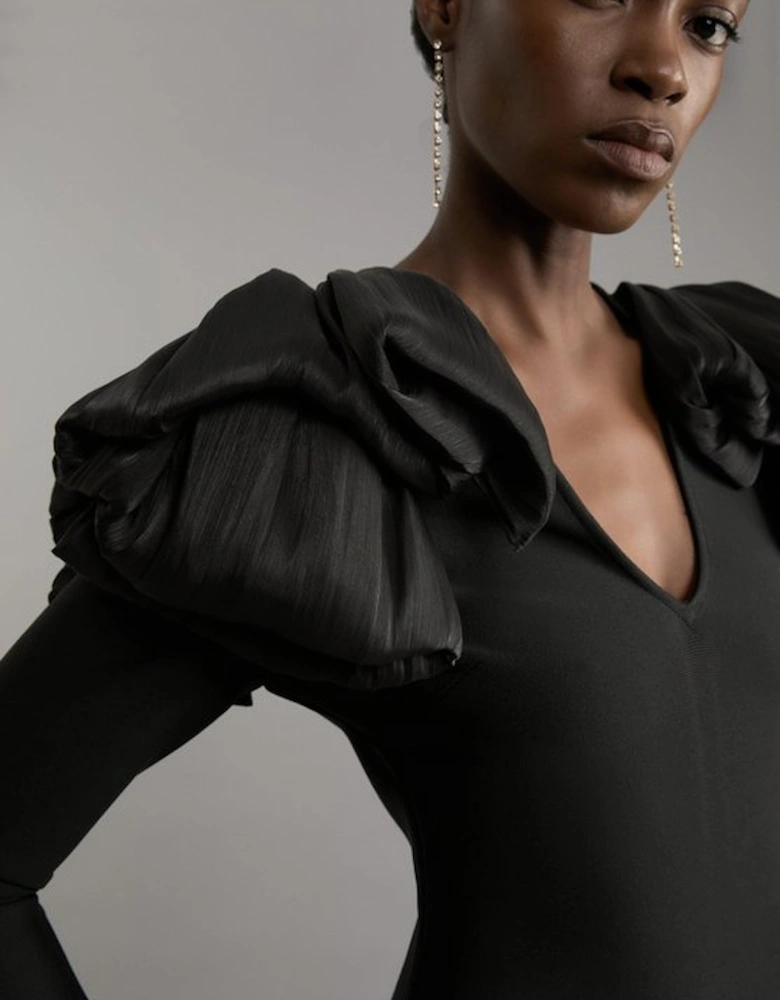 Figure Form Bandage Knit Silk Ruffle Shoulder Detail Maxi Dress