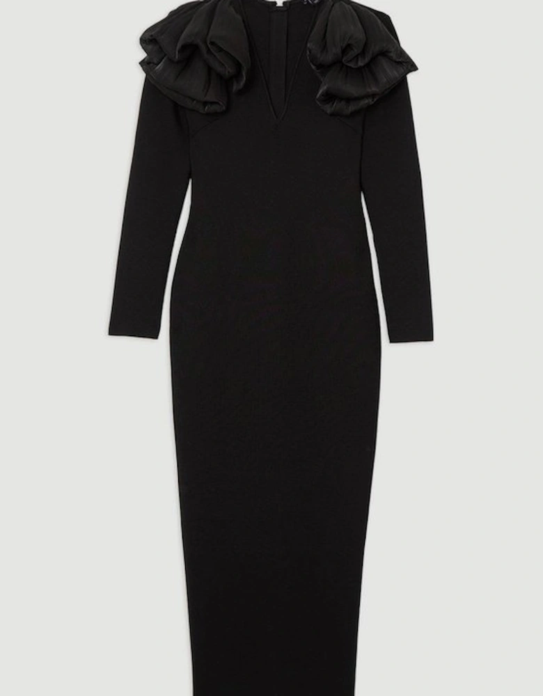 Figure Form Bandage Knit Silk Ruffle Shoulder Detail Maxi Dress