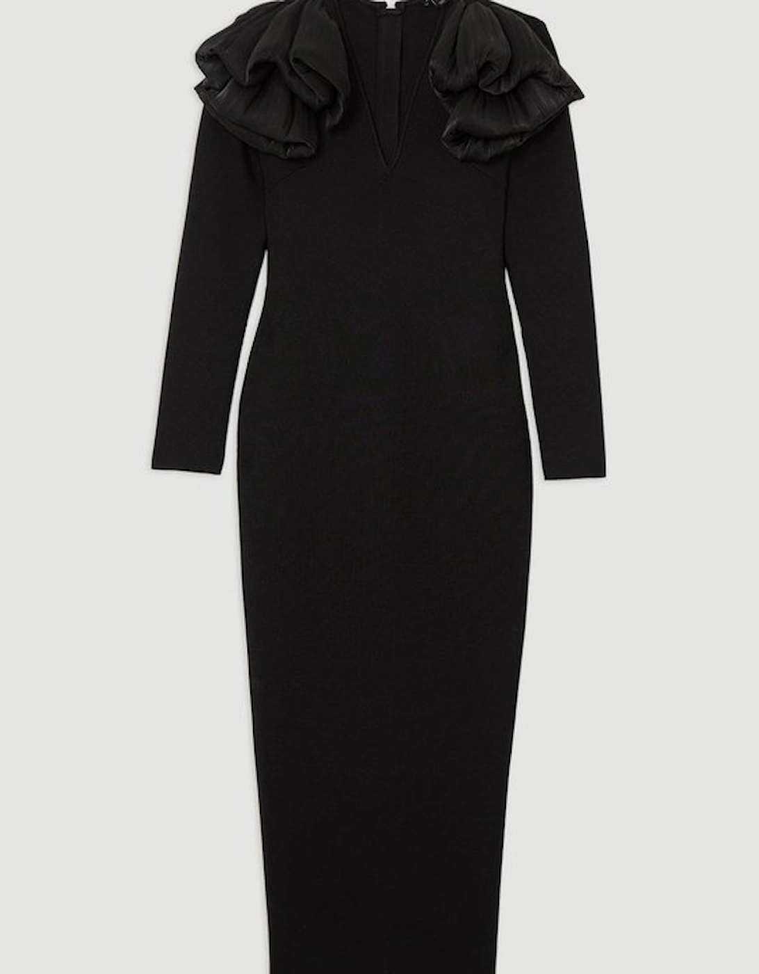 Figure Form Bandage Knit Silk Ruffle Shoulder Detail Maxi Dress