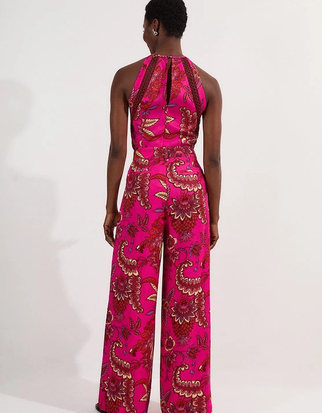 Viscose Floral Print Linen Lace Trim Insert Woven Trouser
