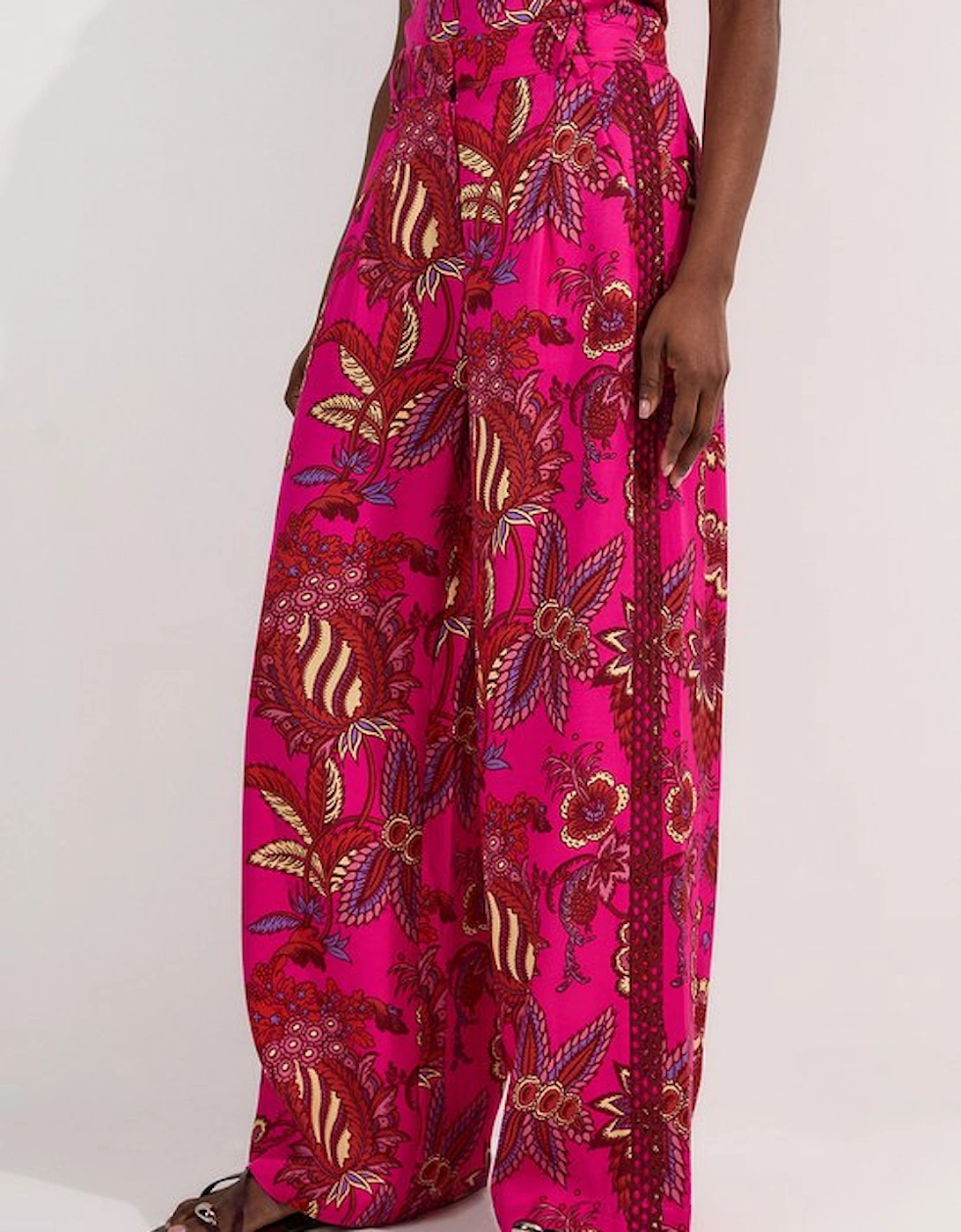 Viscose Floral Print Linen Lace Trim Insert Woven Trouser