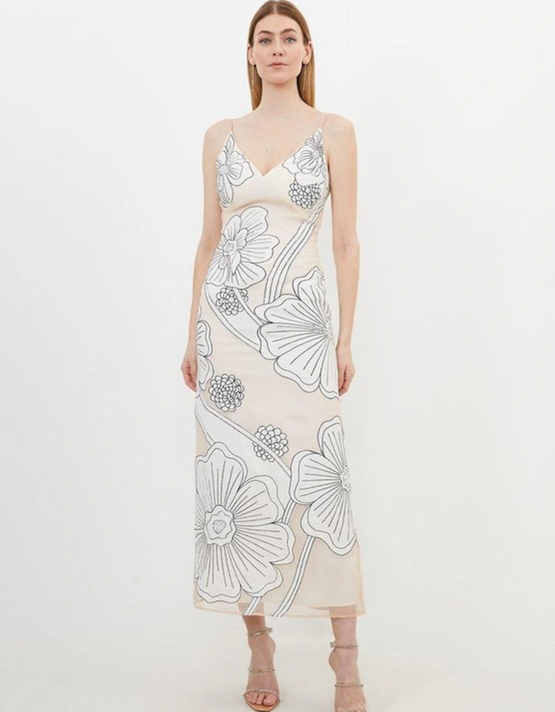 Applique Organdie Satin Woven Midi Dress