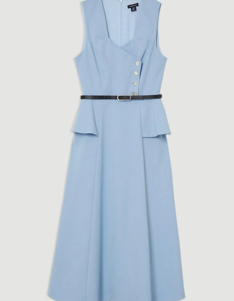 Compact Stretch Belted Peplum Detail Full Skirted Midi Dress