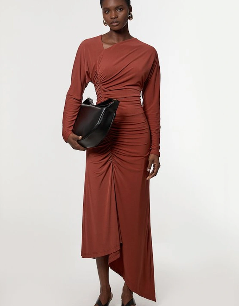 Jersey Crepe Ruched Long Sleeve Maxi Dress