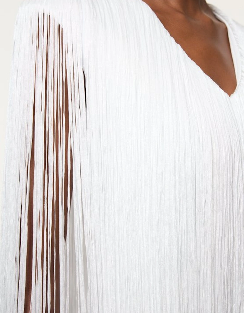 Figure Form Bandage Knit V Neck Fringe Mini Dress