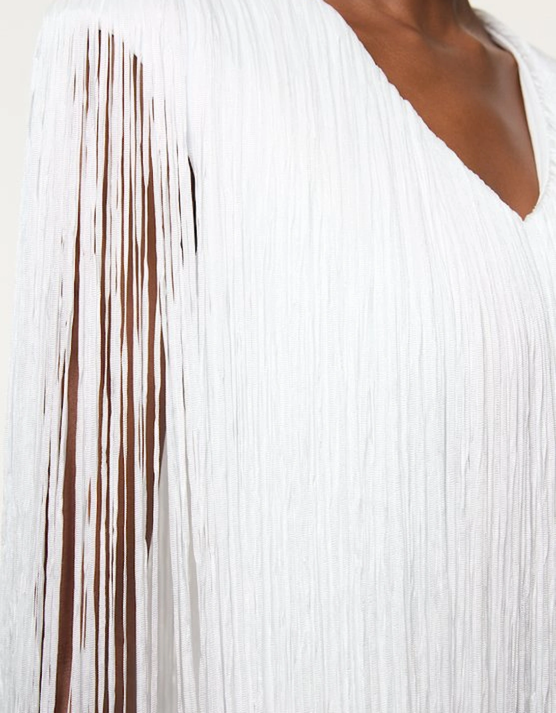 Figure Form Bandage Knit V Neck Fringe Mini Dress