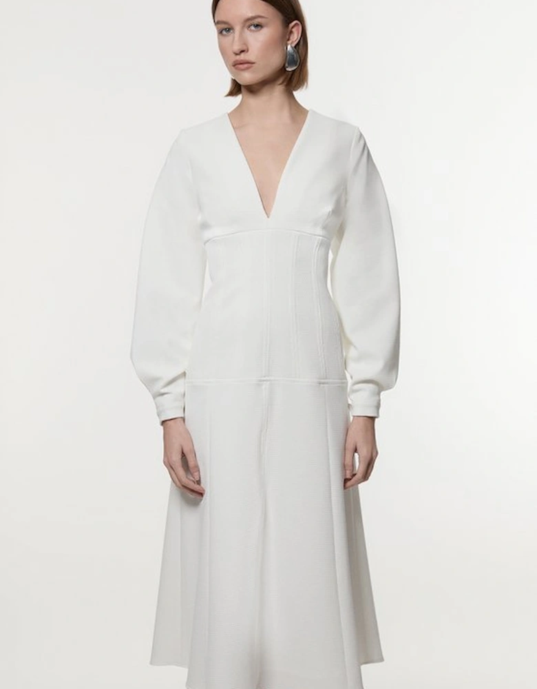 Textured Tailored Dropped Waist Sleeved Midaxi Dress