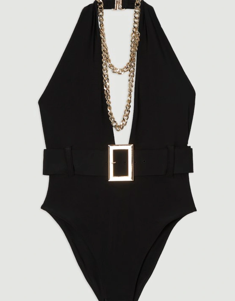 Hardware Detail Belted Plunge Swimsuit