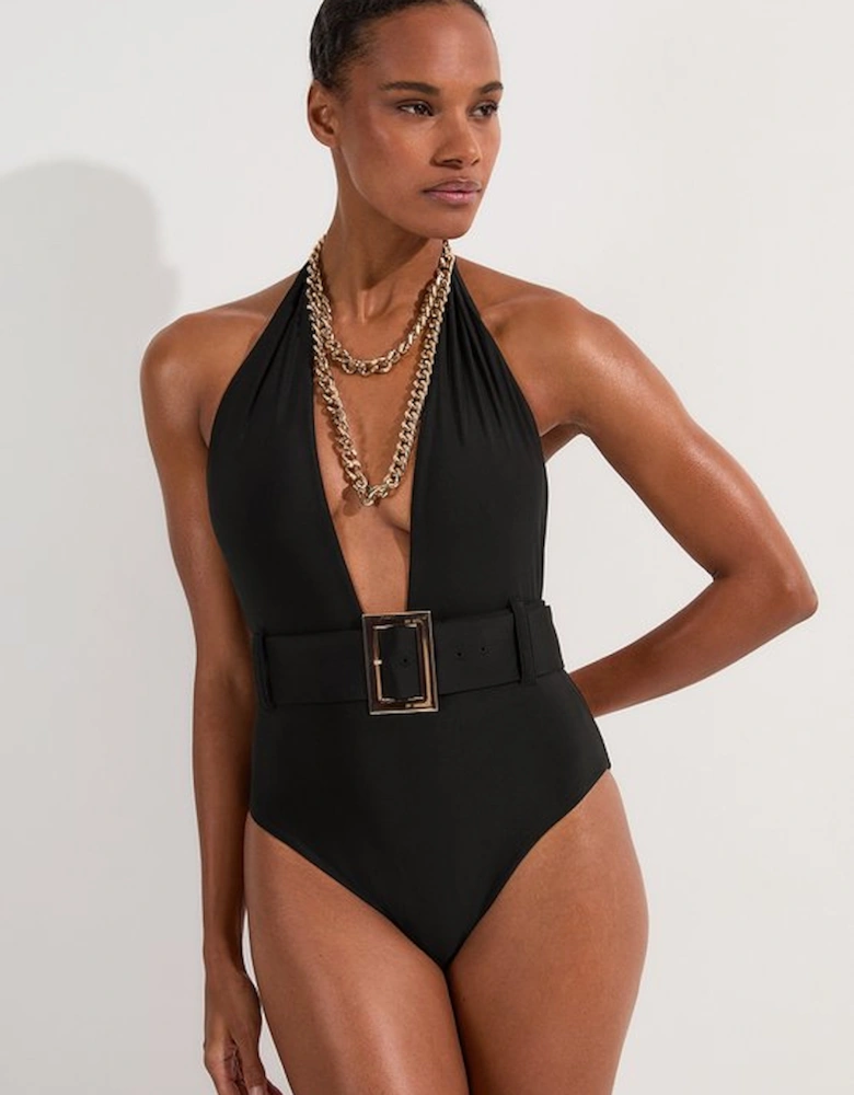 Hardware Detail Belted Plunge Swimsuit