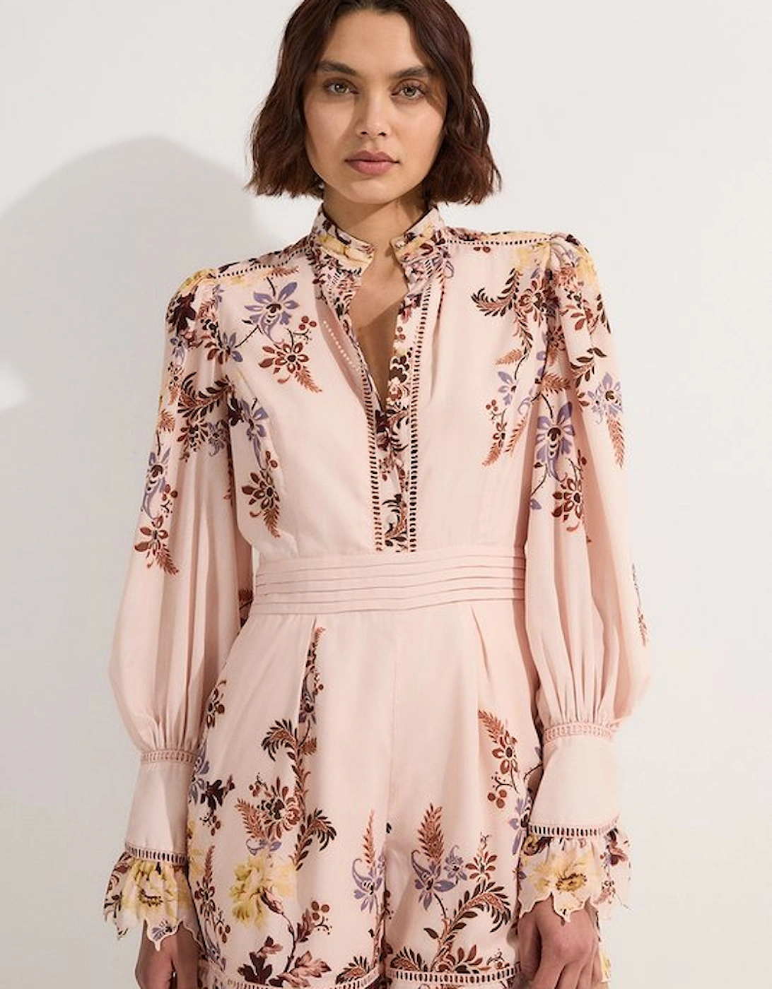 Voile Floral Border Print Woven Playsuit With Ladder Lace Trim, 5 of 4