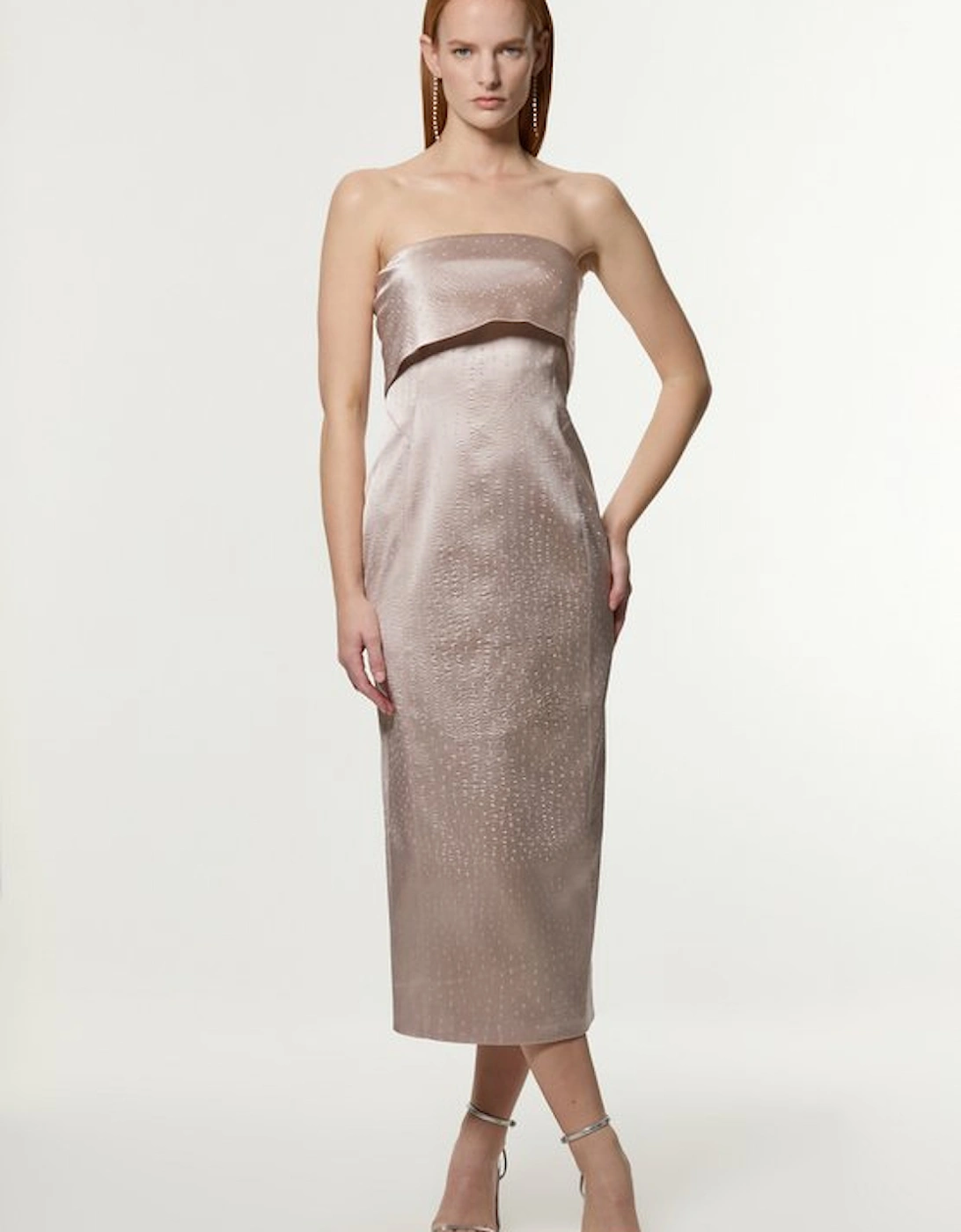 Petite Italian Structured Textured Satin Bandeau Tailored Maxi Dress, 4 of 3