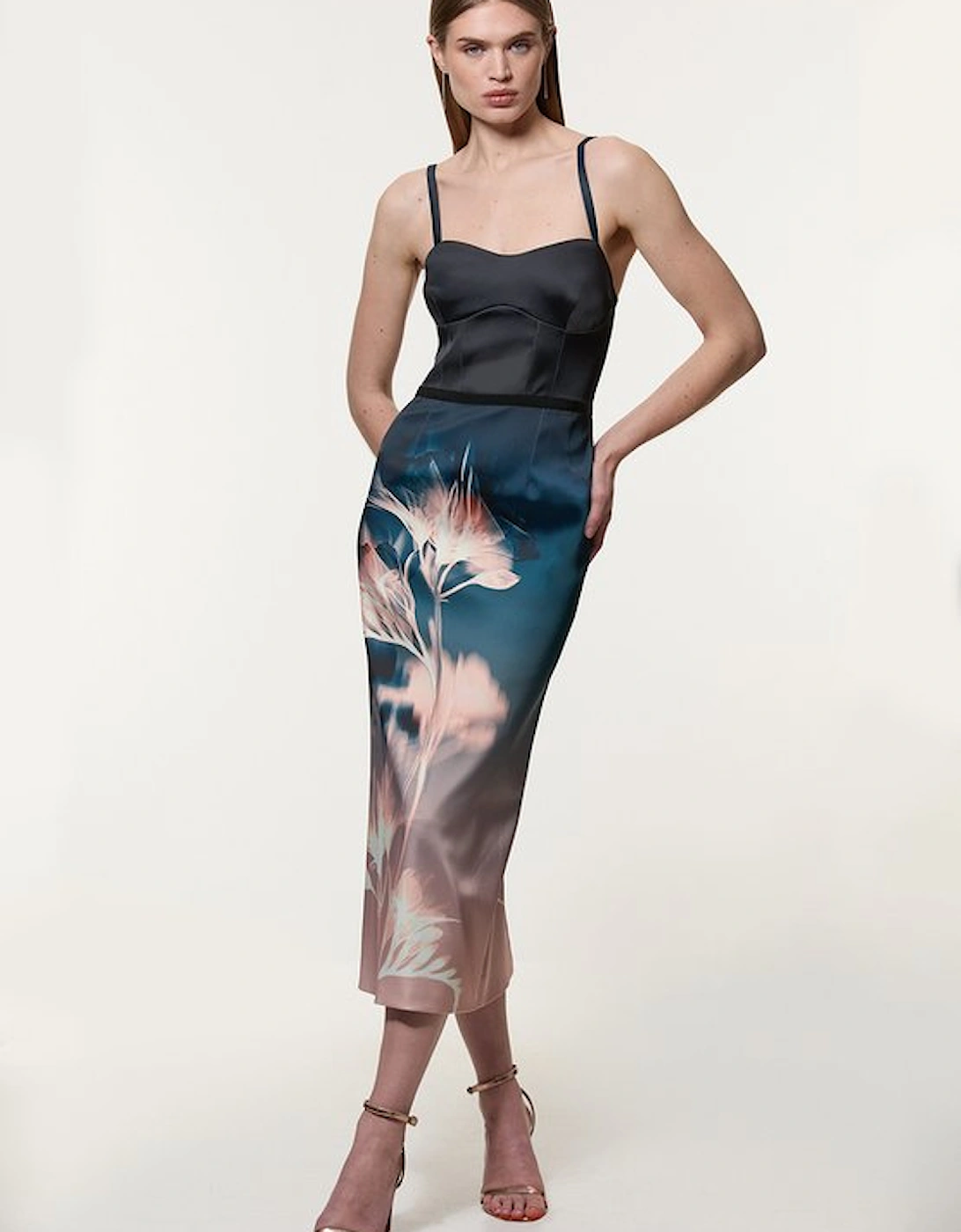Petite Abstract Ombre Floral Italian Structured Satin Tailored Corset Midi Dress, 4 of 3