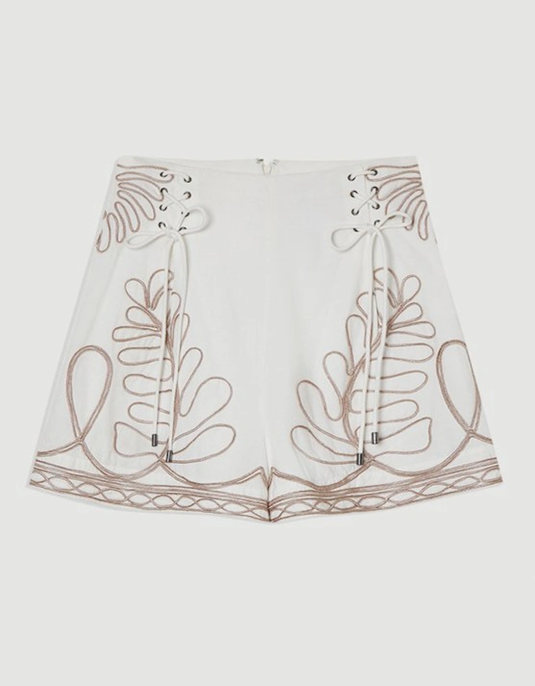 Cotton Linen Cornelli Embroidered Woven High Waisted Short