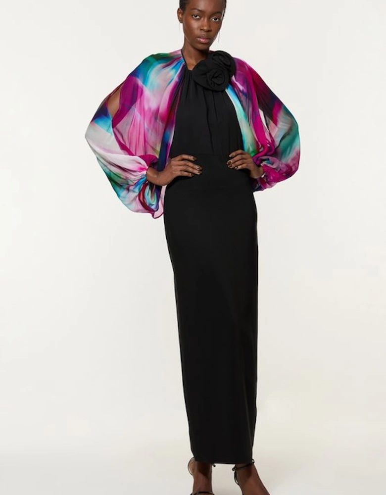 Tall Printed Viscose Cady Cold Shoulder Maxi Dress With Viscose Georgette Cowl Back