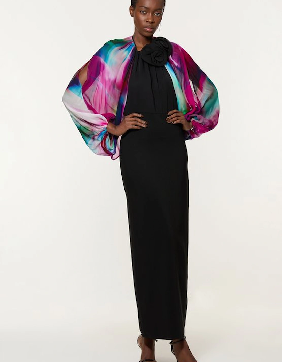 Tall Printed Viscose Cady Cold Shoulder Maxi Dress With Viscose Georgette Cowl Back, 4 of 3