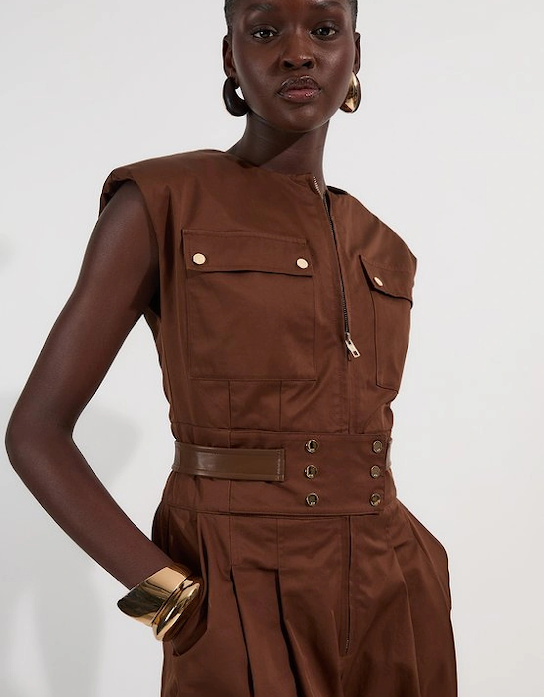 Cotton & Faux Leather Tab Utility Jumpsuit