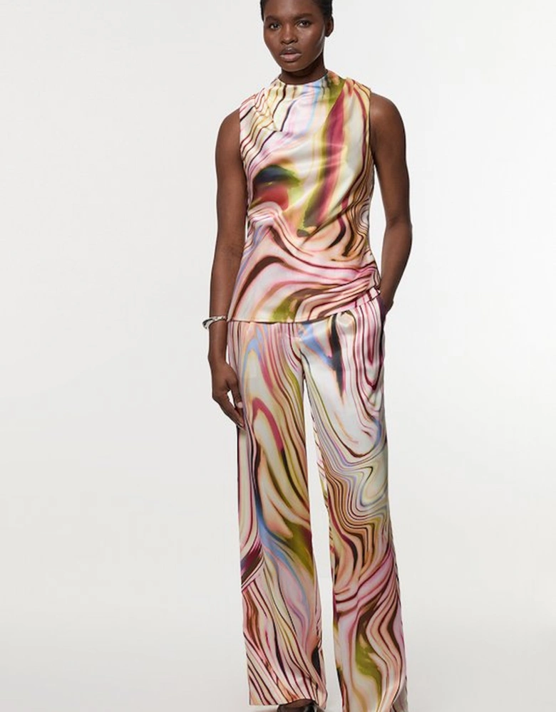 Graduated Stripe Viscose Satin Sleeveless High Neck Blouse