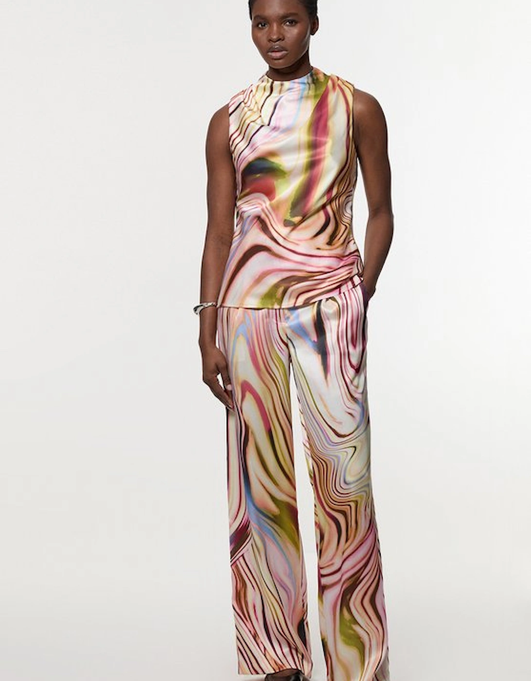 Graduated Stripe Viscose Satin Sleeveless High Neck Blouse