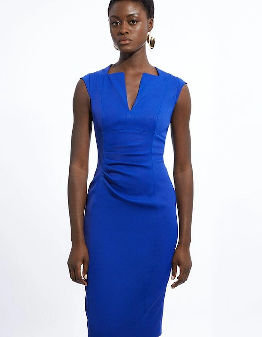 Italian Structured Rib Tailored Envelope Neck Pencil Midi Dress, 5 of 4