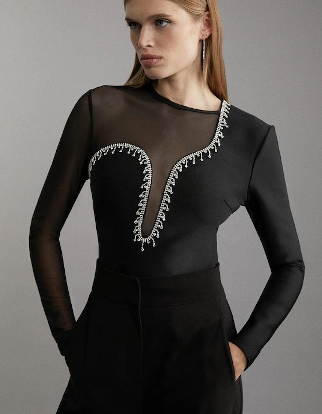 Figure Form Bandage Mesh Detail Embellished Knit Top, 2 of 1