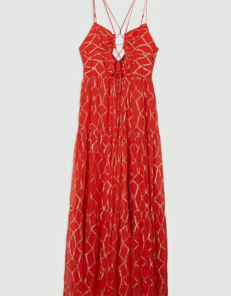 Viscose Sparkle Tie Detail Tiered Skirt Woven Maxi Dress