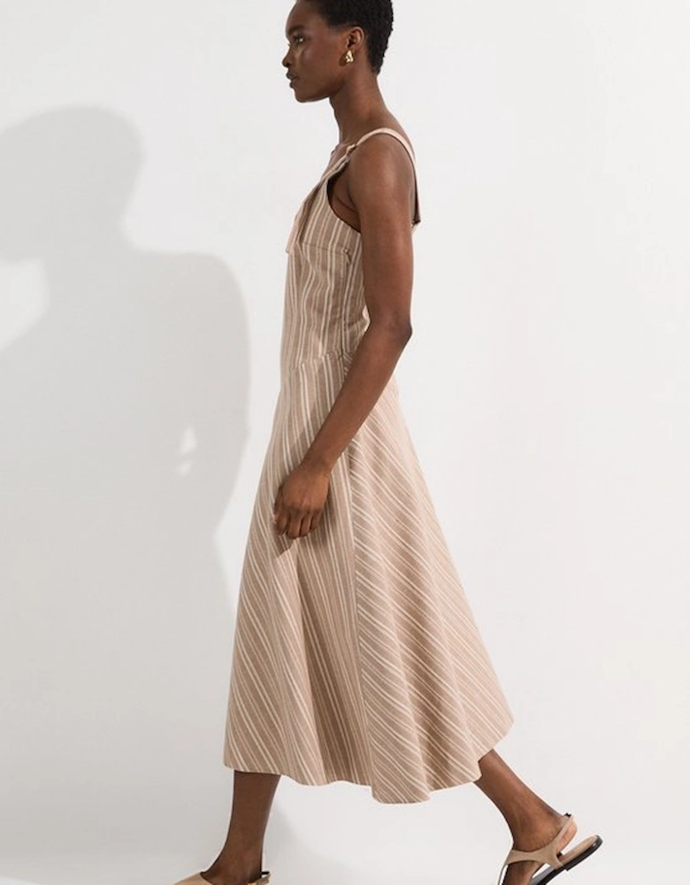 Tailored Stripe Linen  Strappy Asymmetric Hem Midi Dress