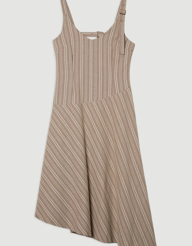 Tailored Stripe Linen  Strappy Asymmetric Hem Midi Dress