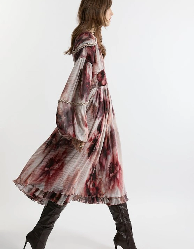 Crinkle Floral Woven Midi Dress With Balloon Sleeve And Embellishment