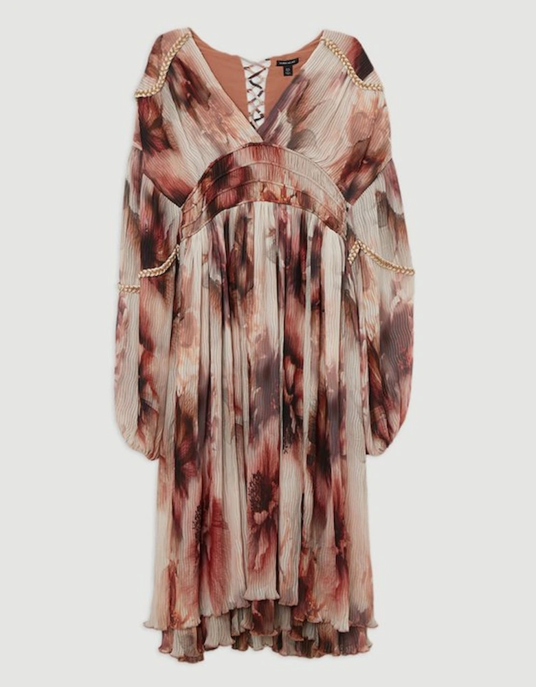 Crinkle Floral Woven Midi Dress With Balloon Sleeve And Embellishment