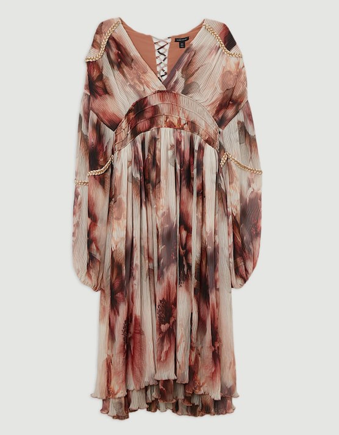 Crinkle Floral Woven Midi Dress With Balloon Sleeve And Embellishment