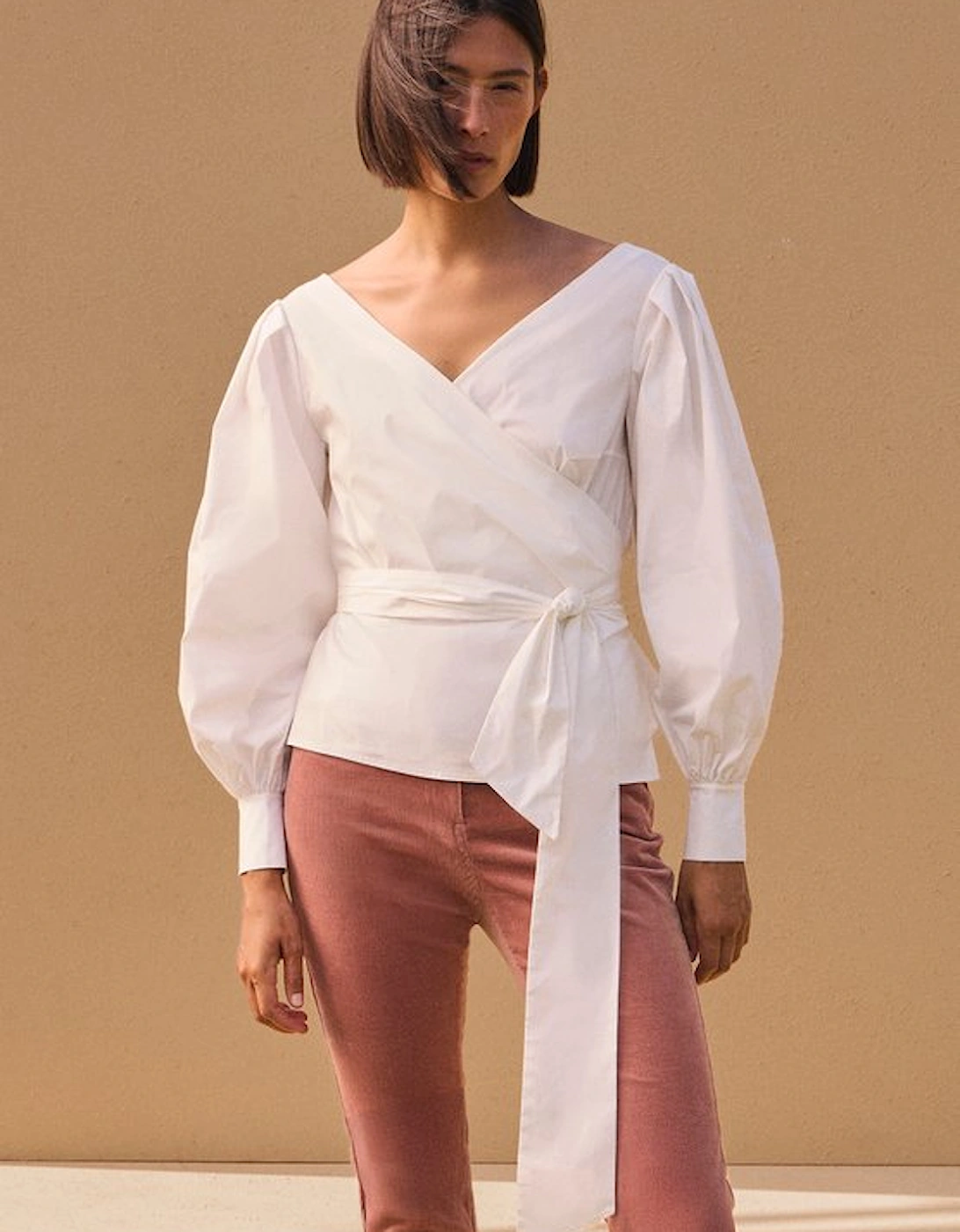 Cotton Poplin Cold Shoulder Woven Wrap Detail Blouse, 5 of 4
