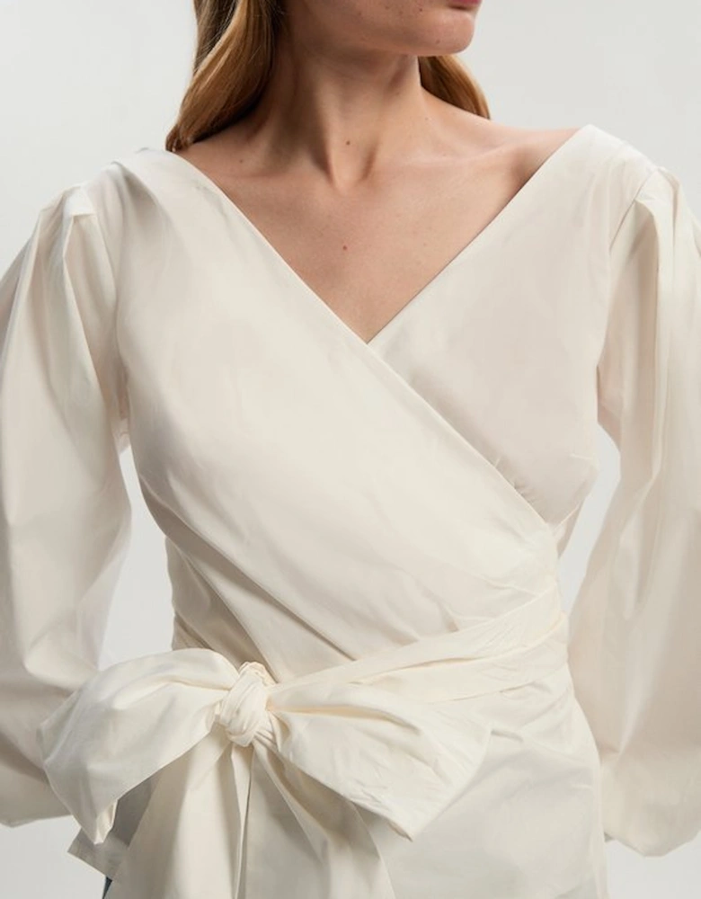 Cotton Poplin Cold Shoulder Woven Wrap Detail Blouse