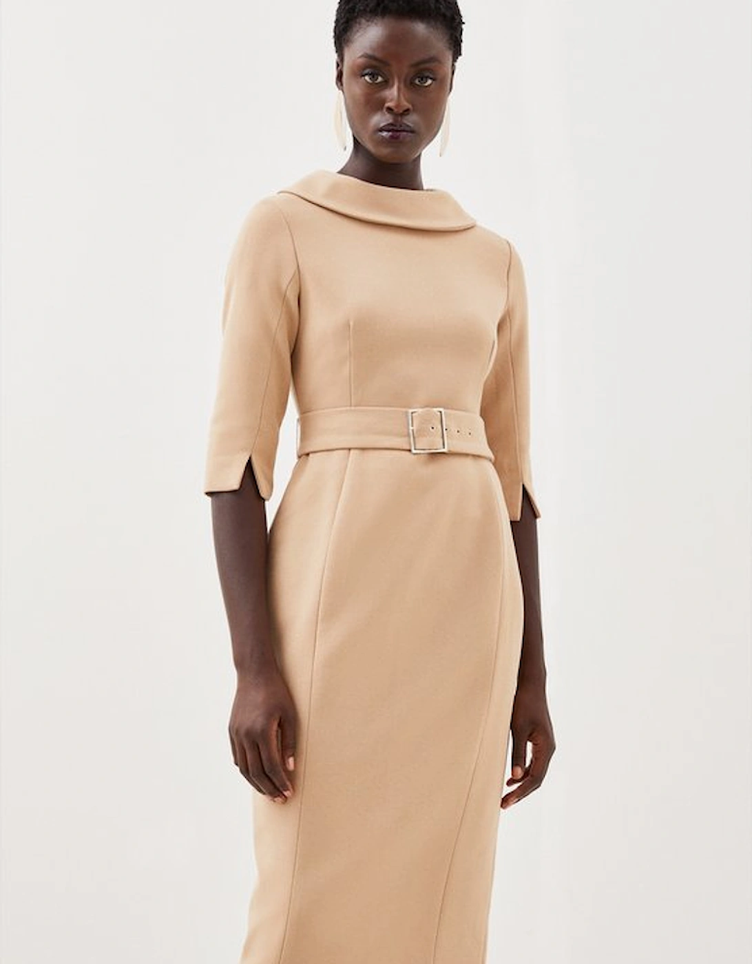 Tailored Structured Crepe Roll Neck Pencil Midi Dress, 4 of 3