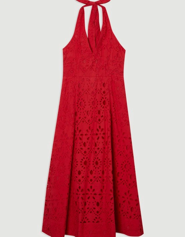 Cotton Broderie Halterneck Woven Maxi Dress