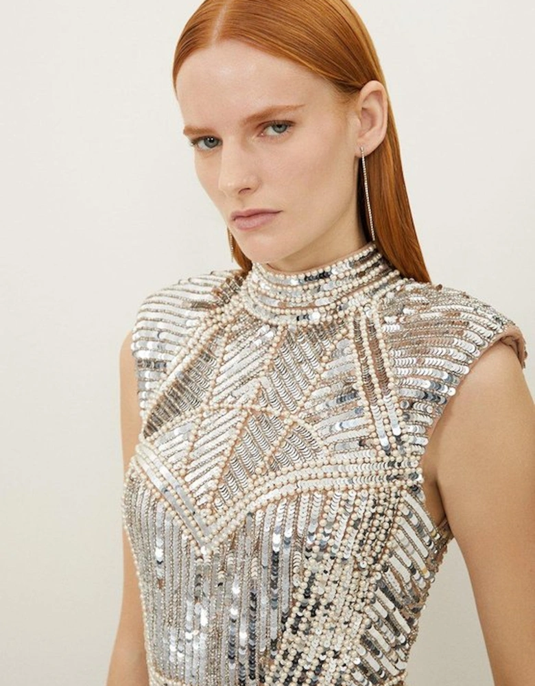 Petite Embellished Pearl Strong Shoulder Mini Dress