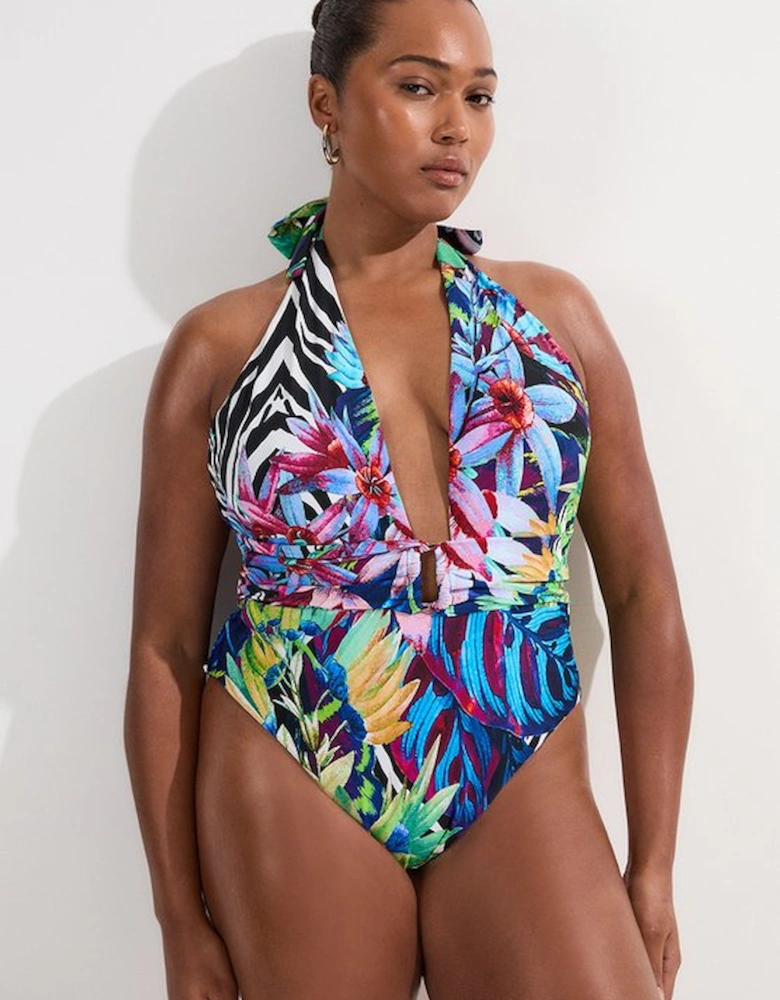 Plus Size Tropical Floral Plunge Swimsuit