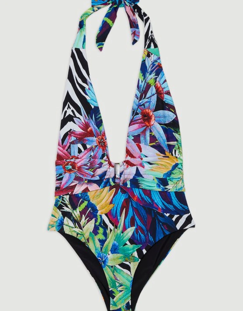 Plus Size Tropical Floral Plunge Swimsuit